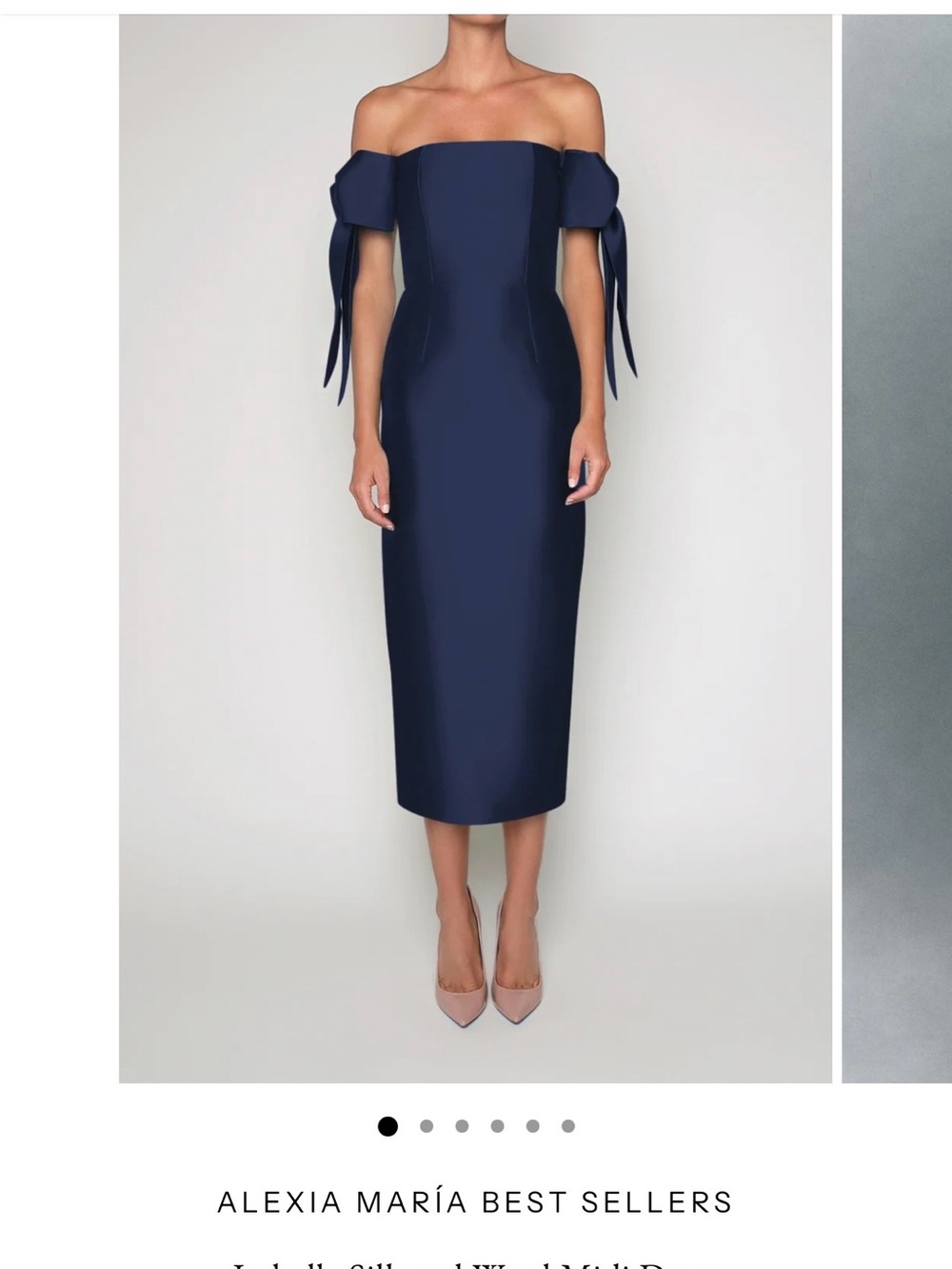 Alexia María Navy Off-Shoulder Midi Dress with Tie Sleeves